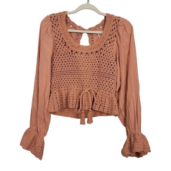 Free People Megan Crochet Open Knit Peplum Puff Sleeve Top Sz XS Coral Sands - Picture 2 of 7